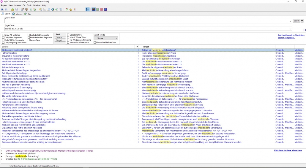 Screenshot der Rechercheergebnisse in XBench