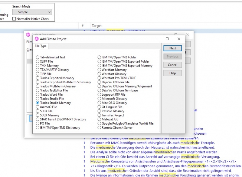 Screenshot der Projekteinstellungen in XBench